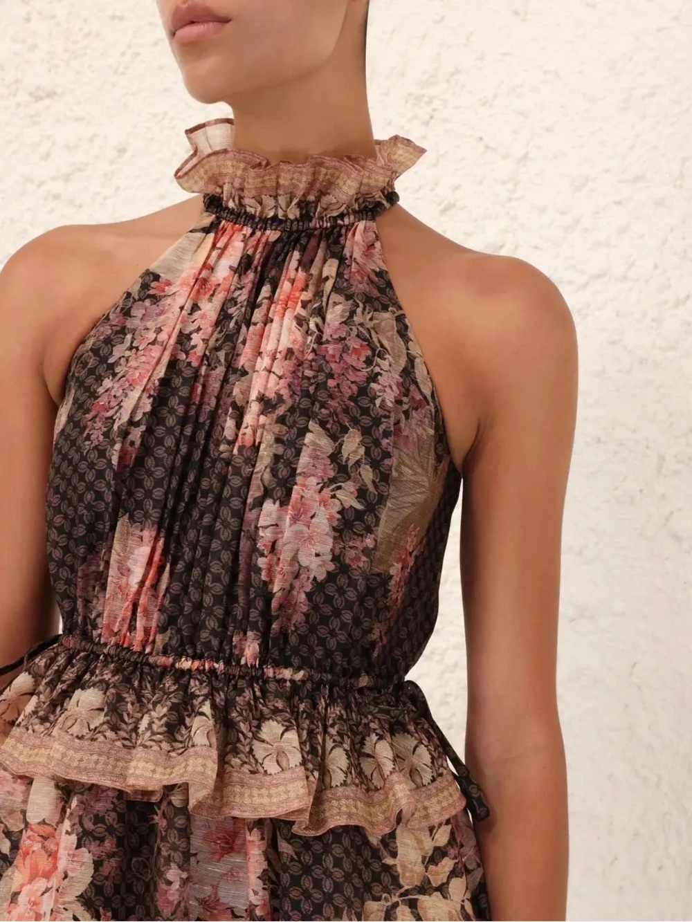 Zimmermann Floral Halter Ruffled Mini Dress in Brown and Pink - Picture 4 of 9